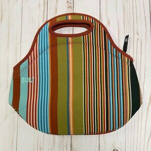 Built NY Neoprene Lunch Bag Zipper Adjustable Strap Zip Washable Rust Stripe Tan